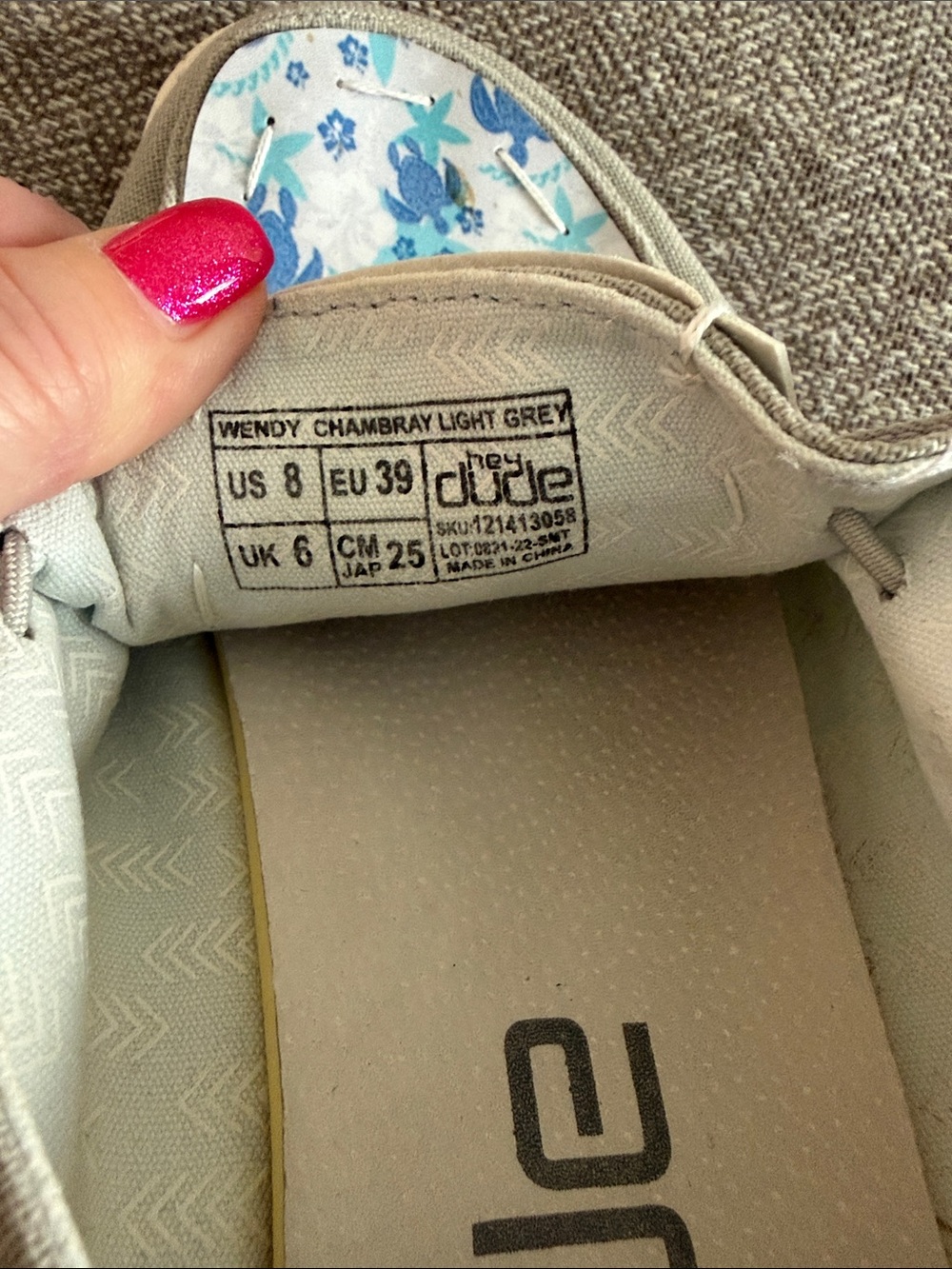 Hey Dude Custom Woman’s Shoes - Gray with Blue Turtle Insole - Picture 2 of 8